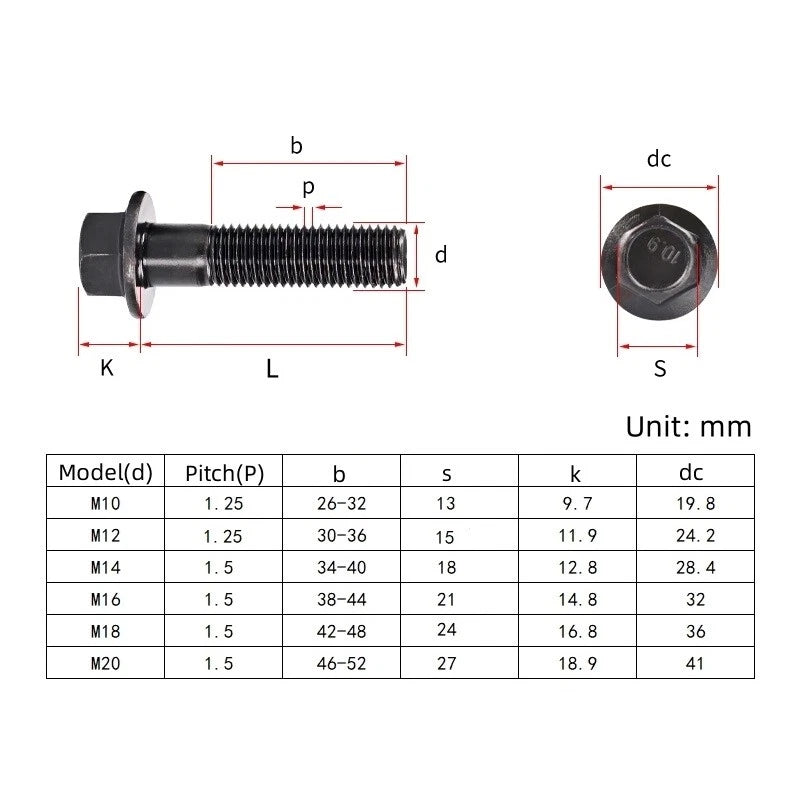 M10x1.25 / M12x1.25 Fine Pitch Hex Flange Bolts Grade 10.9