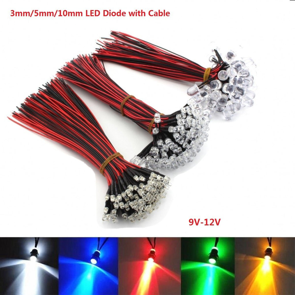 Pre-Wired LED Emitting Diodes (3mm / 5mm / 10mm) | DC 9V-12V Ready-to-Use Lights for Models & DIY